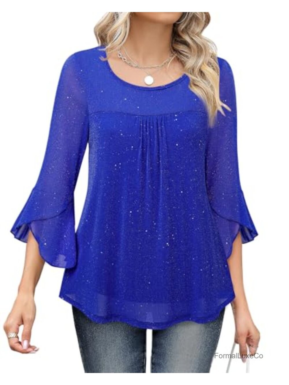 Women's Ruffle 3/4 Sleeve Double Layers Mesh Tunic Top